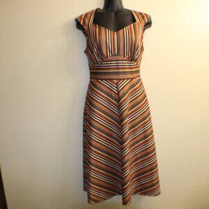 Vintage 70s Stripe Midi Dress Brown Orange Mod Retro Belted Size 11